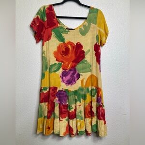 Vintage Jams World Hattie Dress Sz M Yellow Vibrant Floral Abstract Artsy Tiered